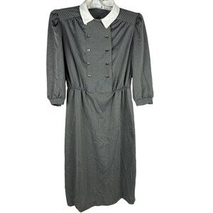 Vintage Gray Striped Long Sleeve Dress Size 14 Button Front White Collar